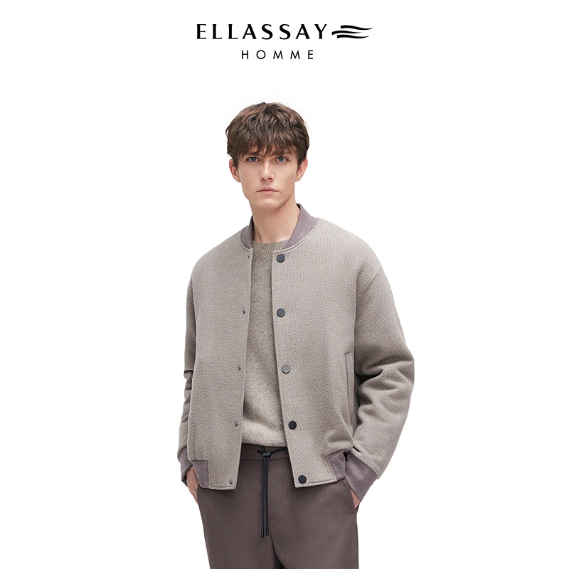 【100%羊毛】ELLASSAY歌力思男装25冬季花纹保暖柔软棒球领夹克棉服