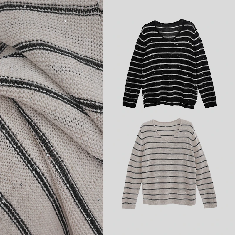 【朵儿studio】 条纹V领亮片显瘦针织衫 A238