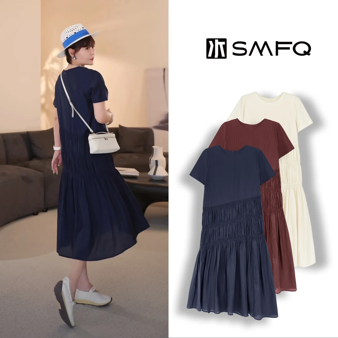 水木夫妻”蓝风铃”天丝莱赛尔 斯马克压褶 夏季法式轻奢显瘦连衣裙