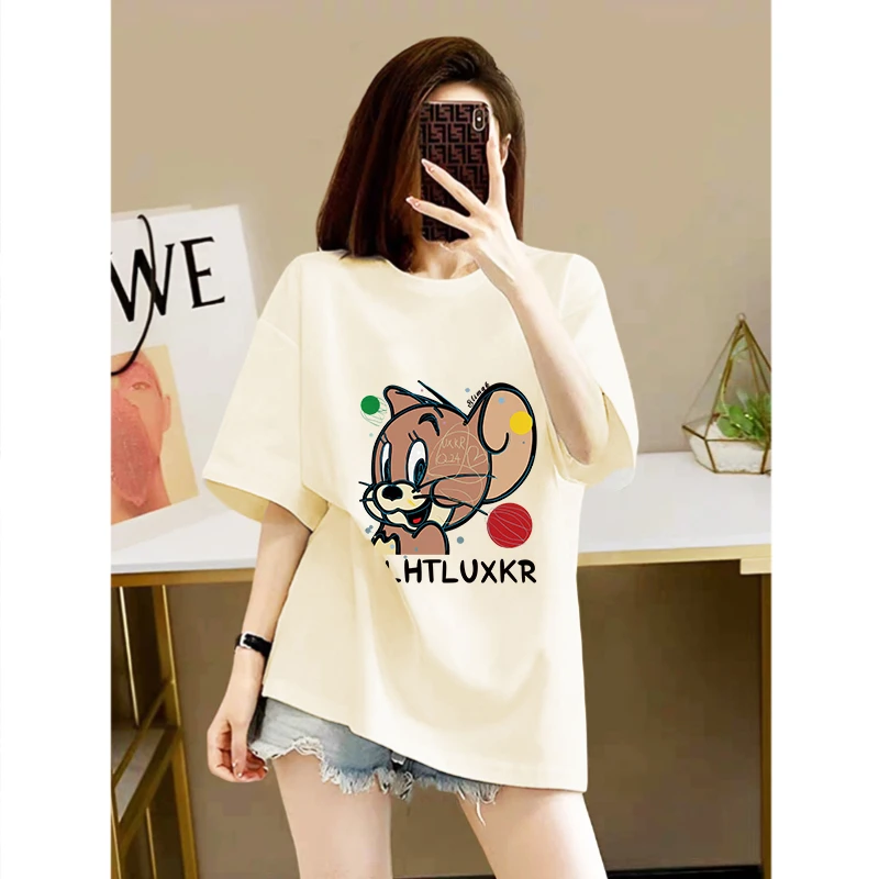 mnmf杰瑞老鼠纯棉短袖宽松中长款T恤女遮屁股时尚大码女装印花T恤