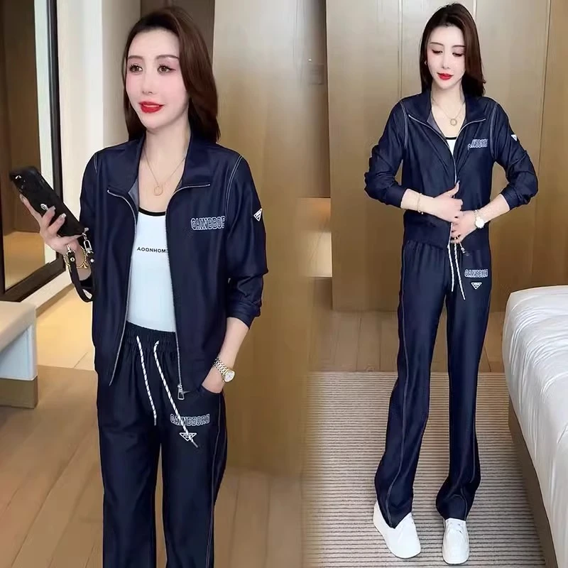 时尚休闲运动套装女2025春季新款洋气质显瘦开衫上衣阔腿裤两件套