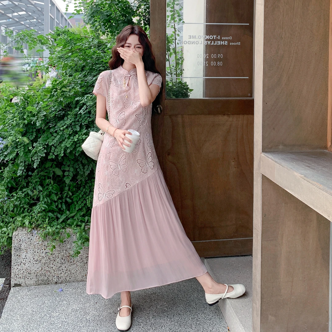 显瘦巨好看收腰绣花国风长裙新中式旗袍改良粉色连衣裙女夏季新款