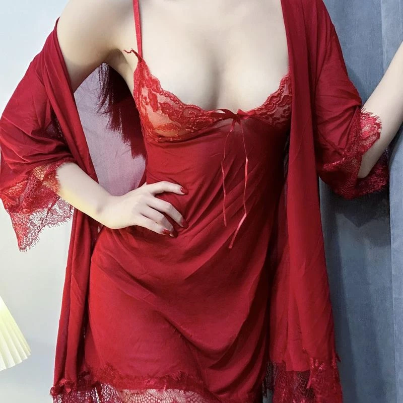 三件套薄纱情趣内衣吊带睡裙极度诱惑蕾丝火辣睡袍女透明性感睡衣