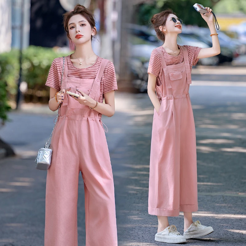 韩系休闲条纹T恤背带裤套装女2025夏季新款设计感减龄工装两件套