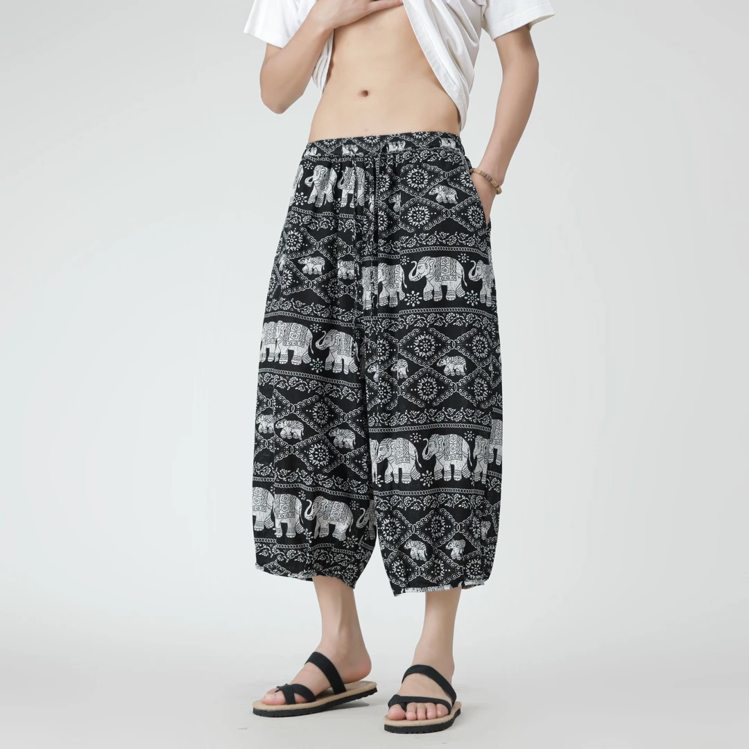 泰国大象沙滩裤男士灯笼休闲七分裤夏季薄款大码胖子宽松运动短裤