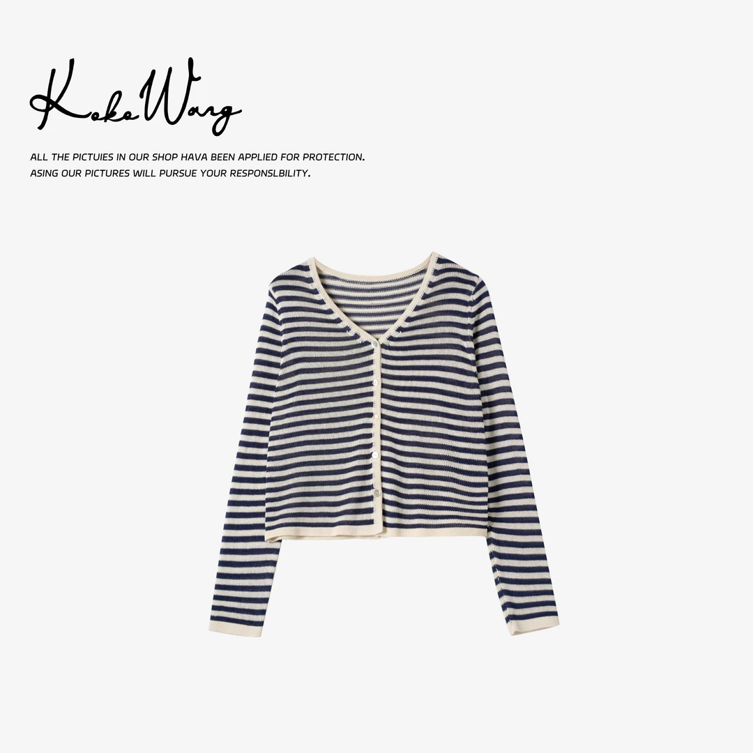 KOKO WANG夏季时尚天然和纸纱黑白条纹百搭针织开衫532285E25Z21