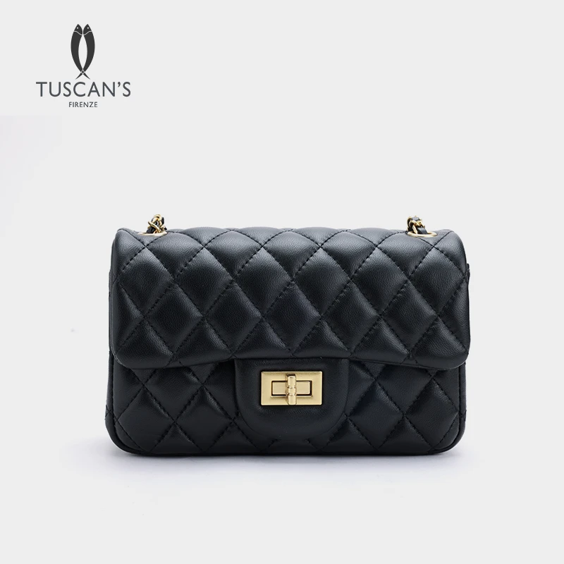 TUSCAN'S时代经典时尚小香风羊皮菱格包轻奢金扣单肩斜挎包