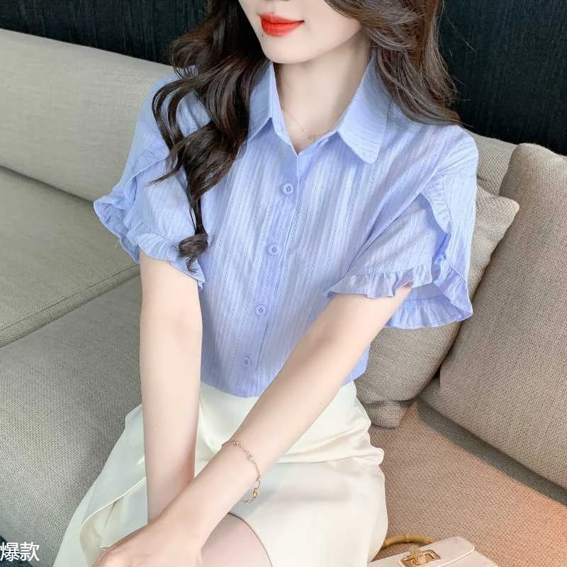 纯棉衬衫女洋气全棉2025夏季新款时尚女士衬衣短袖宽松遮肚子上衣