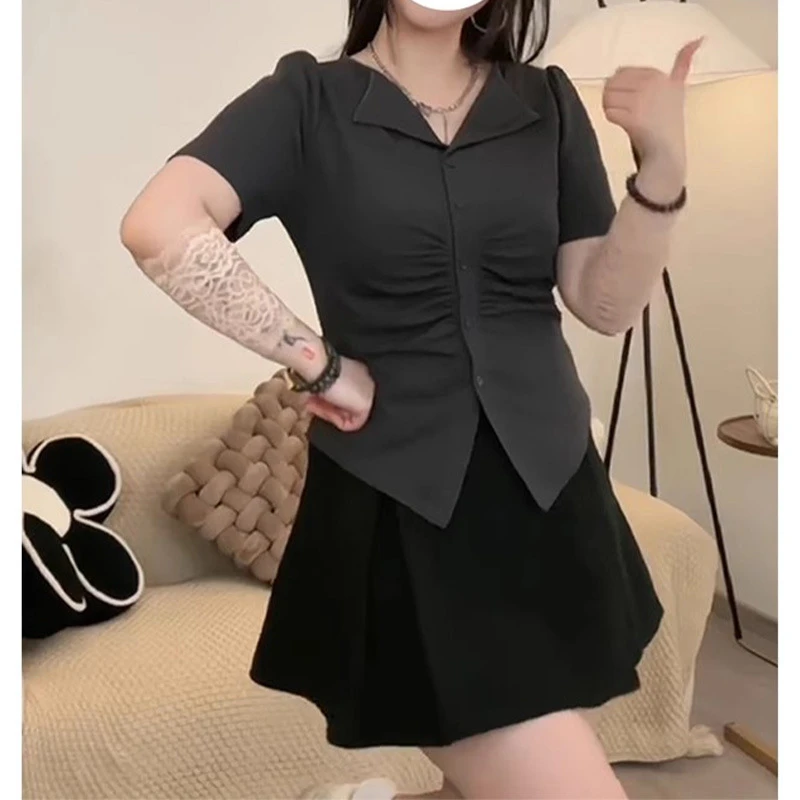 大码修身褶皱正肩v领短袖t恤2025夏季新款胖mm设计感小众显瘦上衣