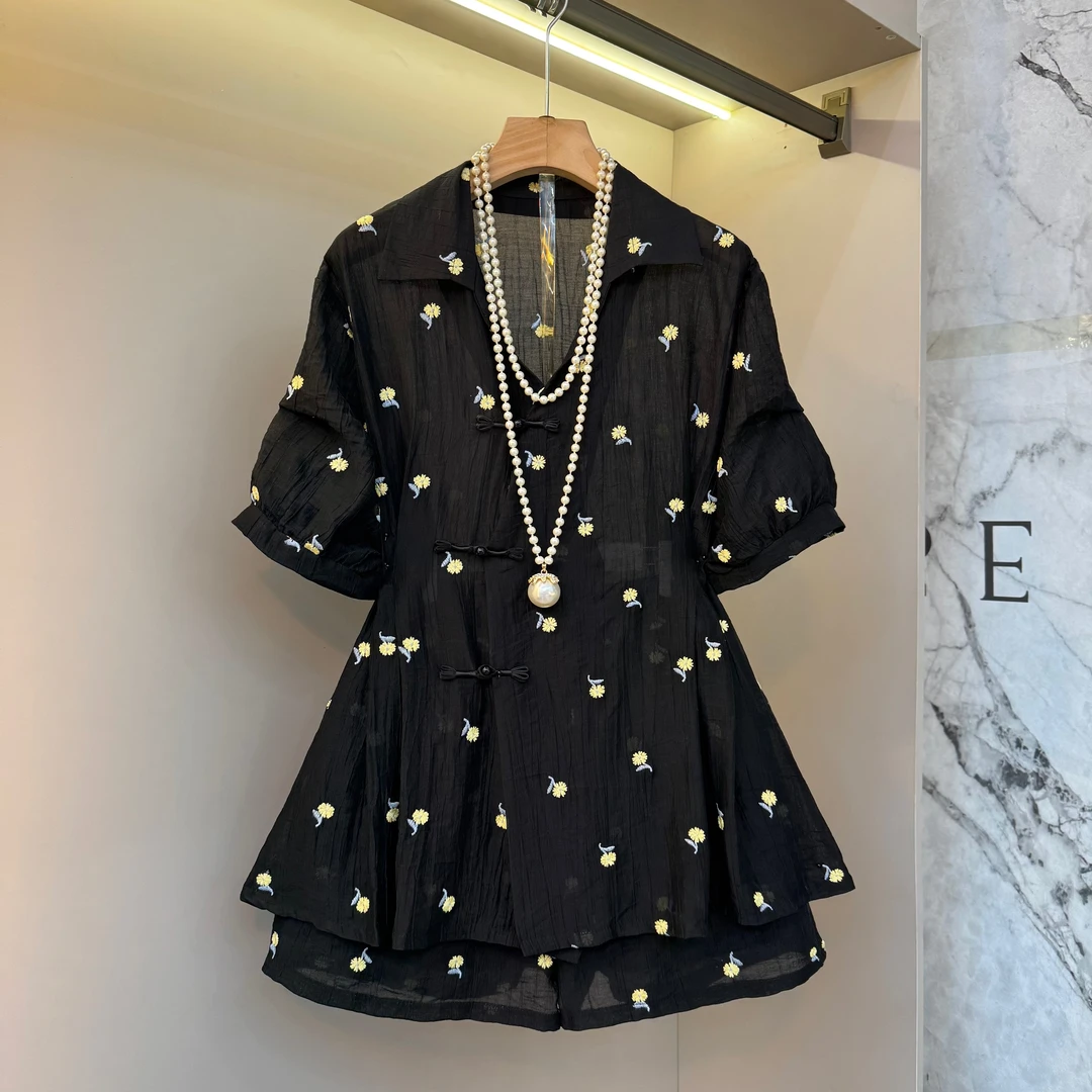 2025新中式国风翻领提花盘扣嘟嘟袖轻薄透气短裤胖mm套装707