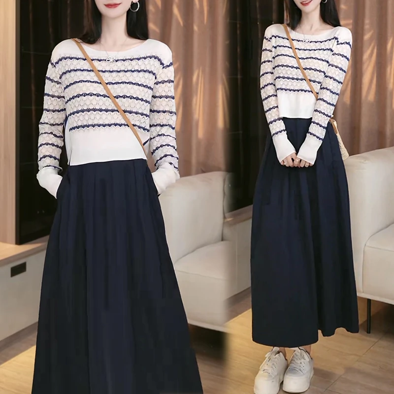 韩版通勤百搭套装女2025春秋新款条纹撞色镂空针织衫半身裙两件套