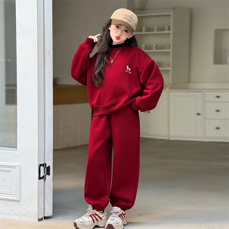 女童加绒卫衣套装新年衣服2026秋冬新款大童女孩红色本命年两件套