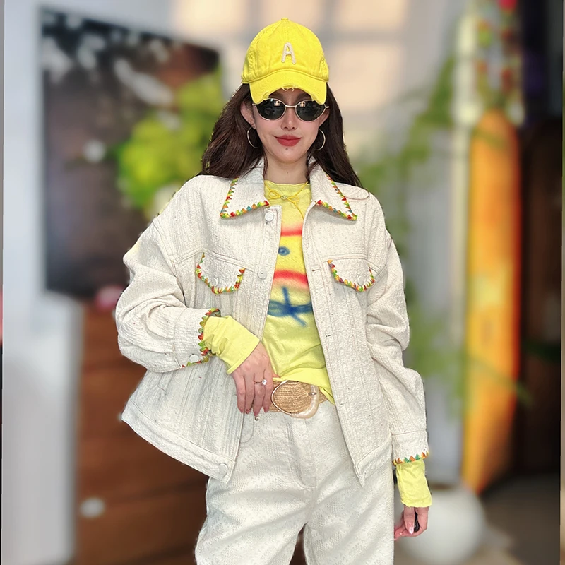 春季新款时尚翻领长袖刺绣牛仔外套女士宽松休闲重工绣花百搭上衣