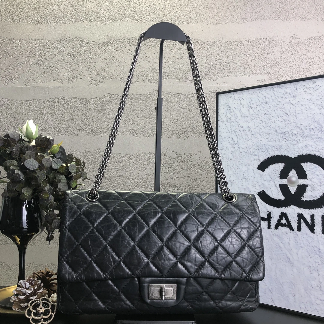 95新 Chanel/香奈儿 黑银2.55maxi单肩链条包 底长31 15开