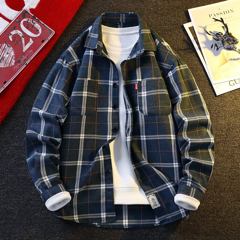 复古格子衬衫男士春秋季美式少年感宽松外套潮休闲男生秋装上衣服