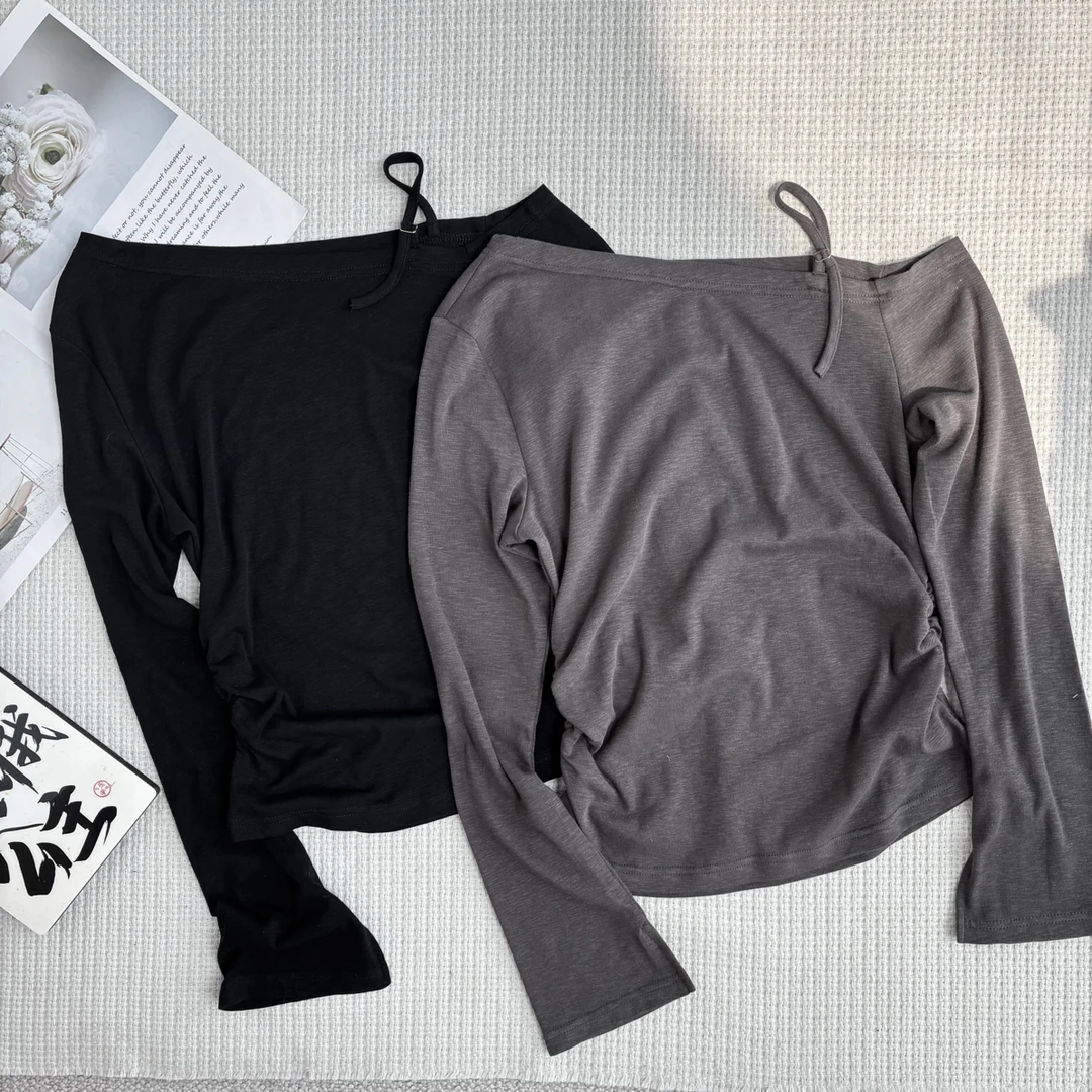 ［春春定制］韩版百搭修身显瘦时尚纯色露肩抽绳不规则长袖T恤 6686