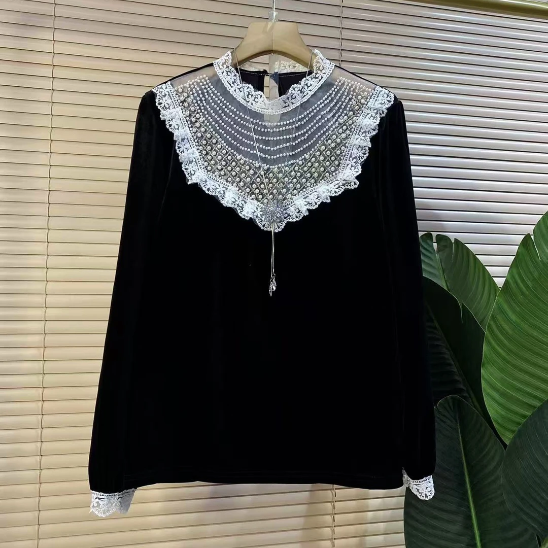 P胖mm欧货时尚新款圆领钉珠设计气质显瘦丝绒女人衫