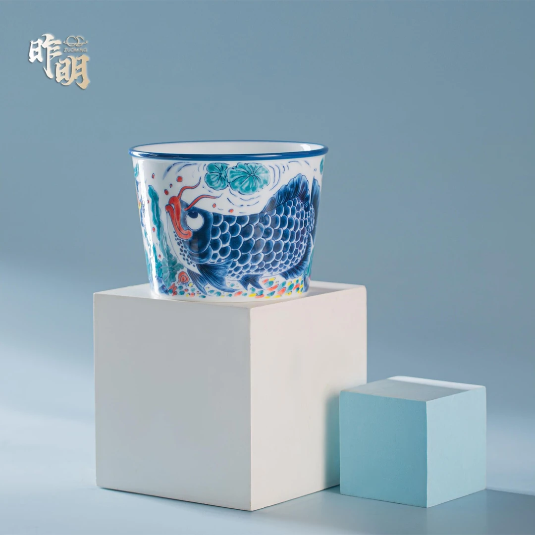 昨明陶瓷鱼儿福多多泡面桶茶渣缸 国潮茶器中式大容量家用