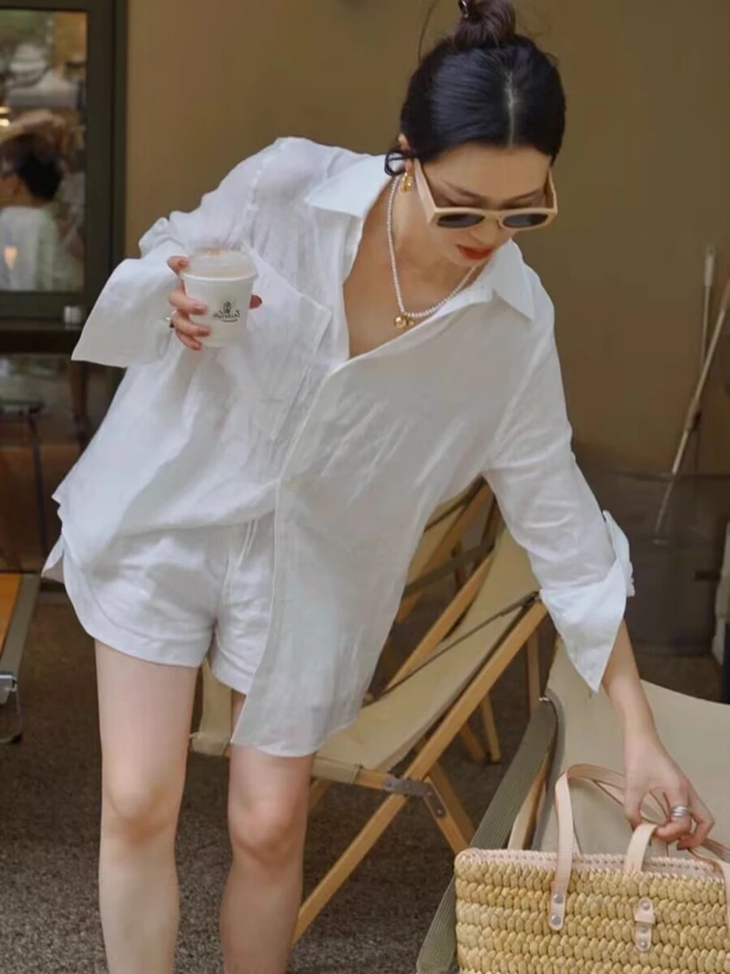 法式复古防晒白色长款衬衫+运动松紧腰短裤亚麻套装早秋两件套女