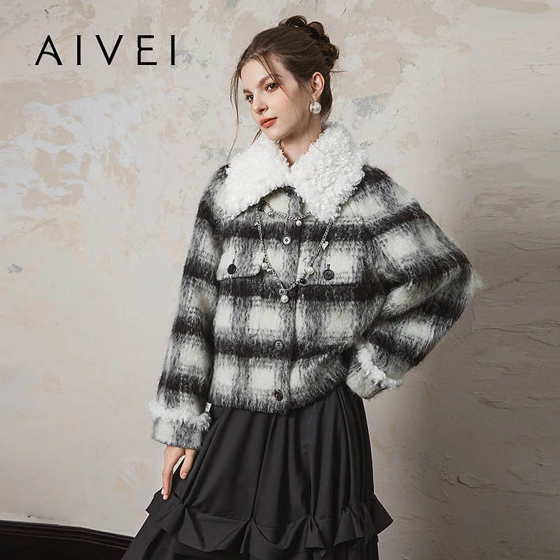 AIVEI欣贺艾薇冬季新复古文艺黑白格纹羊驼毛羊毛外套R763501A