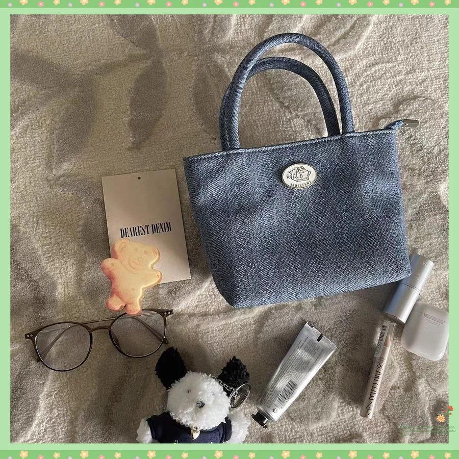 韩式小众牛仔蓝帆布包简约质感复古纯色斜挎包休闲手提包D365