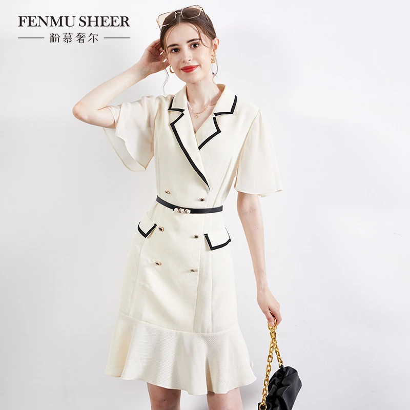 【莉莉专属】粉慕奢尔名媛香风V领显瘦西装连衣裙夏季薄款-D228