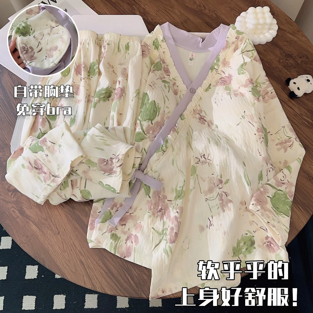 和服睡衣女带胸垫云朵棉长袖套装2025新款春秋季可外穿少女家居服
