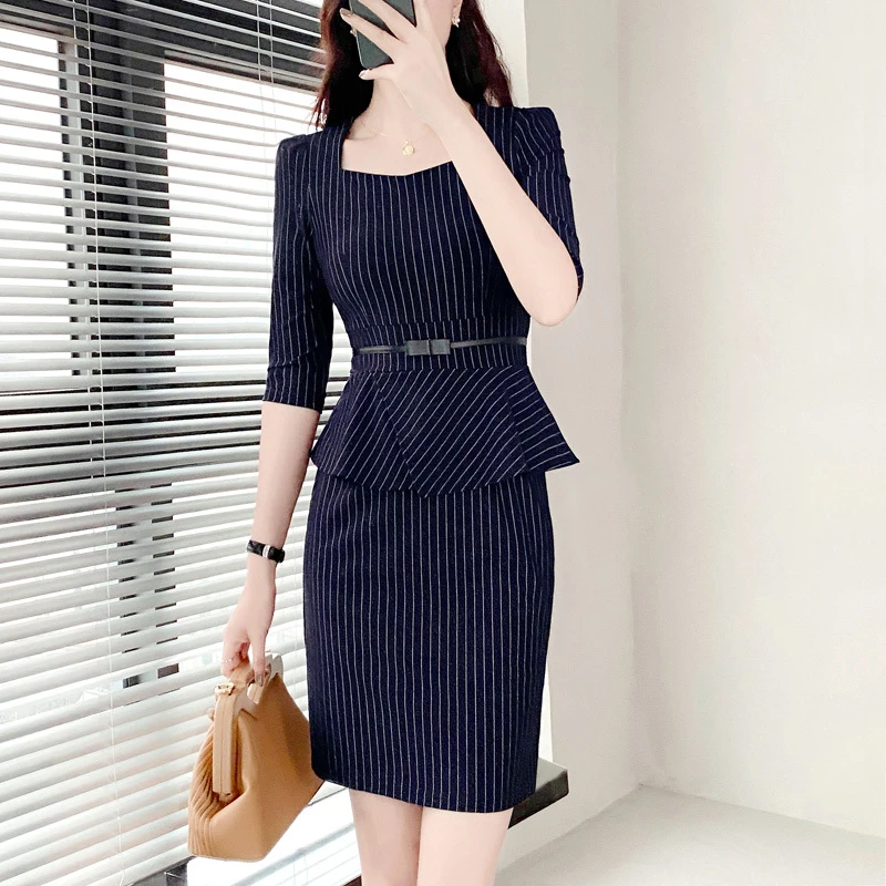 早春女装职业连衣裙高级感方领中袖拼接套裙公司制服端庄大气裙子
