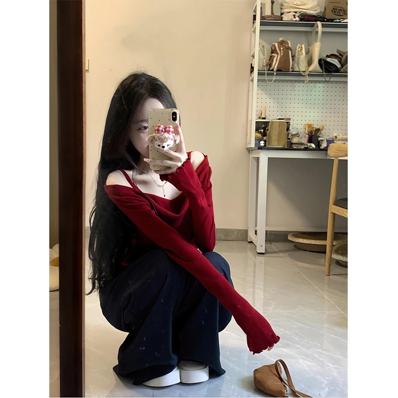 2024新款秋季女韩系假两件吊带长袖软妹内搭打底衫上衣百搭休闲裤