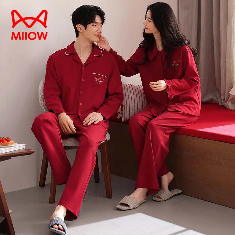 MiiOW/猫人春秋季纯棉大码红色喜庆宽松情侣休闲长袖睡衣套装