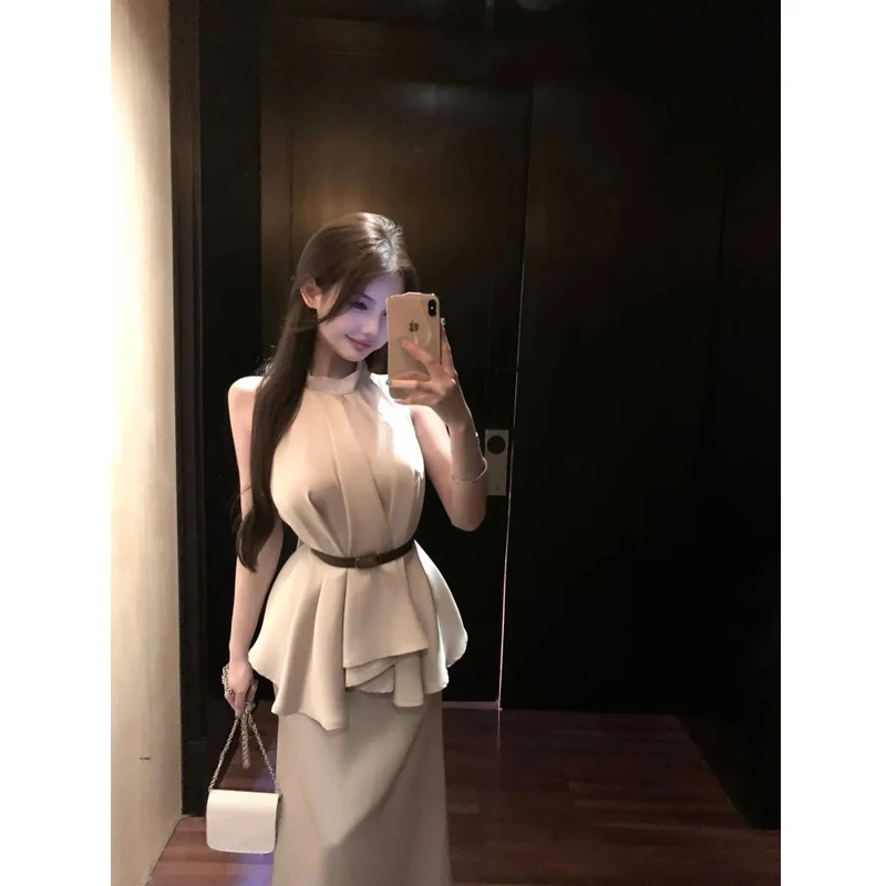 法式名媛风套装女高级感无袖挂脖气质缎面上衣高级感半身裙两件套