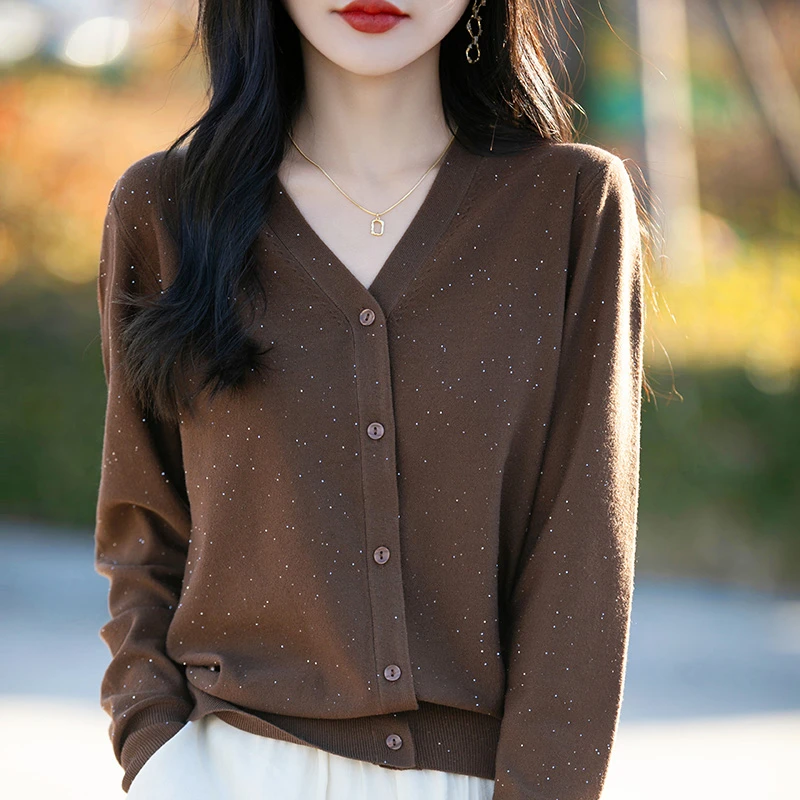 新款针织精纺羊毛珠片V领开衫春秋气质长袖打底宽松薄款显瘦