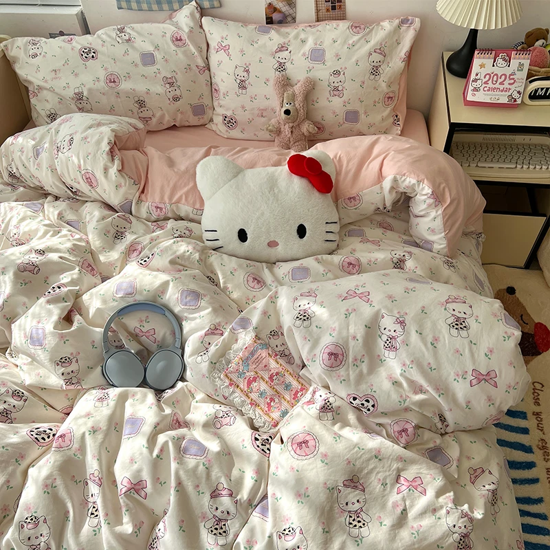 韩系可爱猫咪被罩四件套高颜值双人床单被套学生宿舍三件套非纯棉