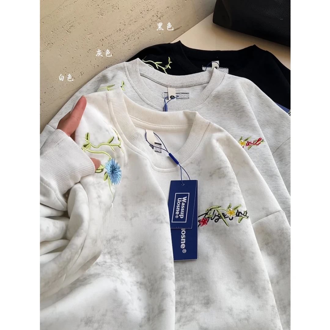 重磅刺绣花卉圆领薄款春秋季2025新款纯棉卫衣男女宽松情侣装上衣