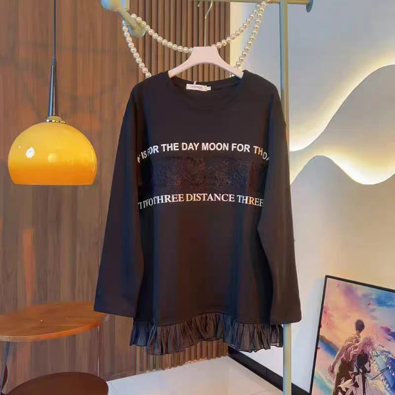 11,拼接底摆字母长袖上衣大码女装宽松遮肚子