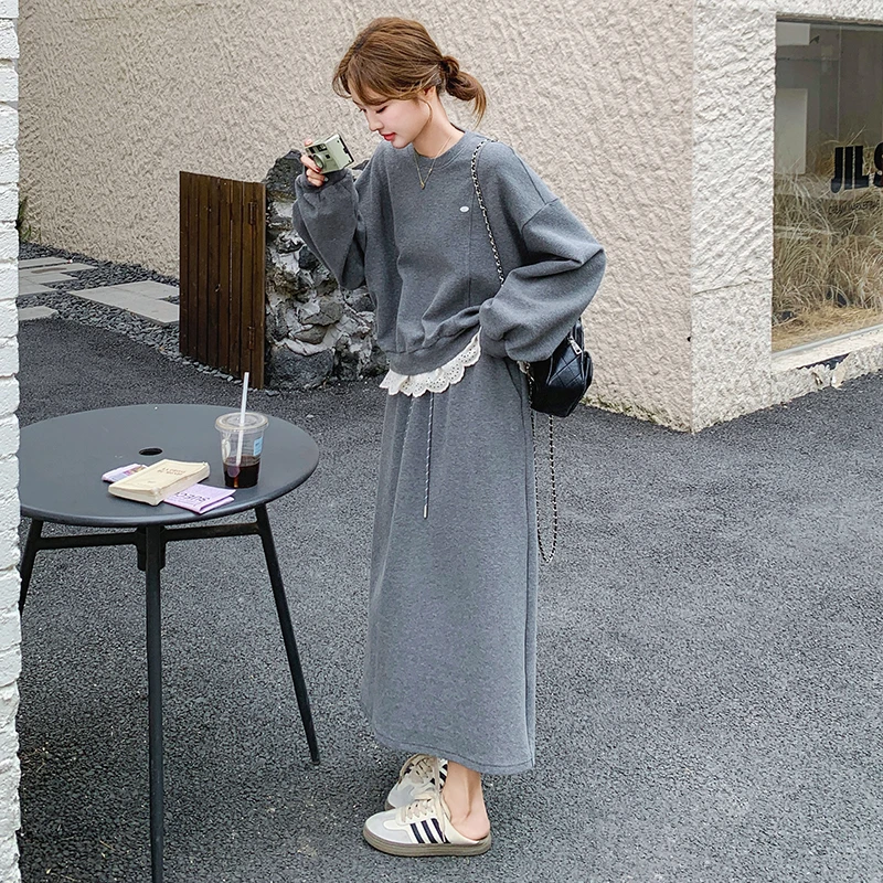 灰色蕾丝拼接卫衣套装女2025春秋季新款韩系休闲显瘦半身裙两件套