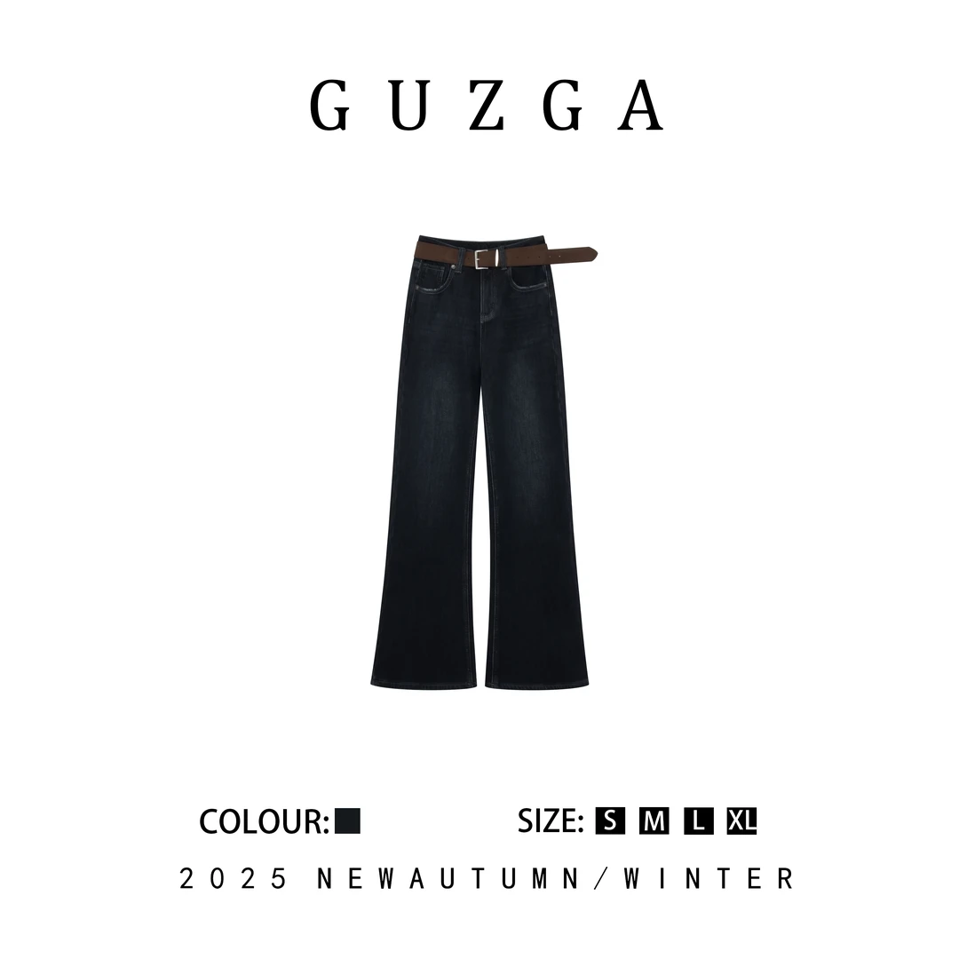 GUZGA【云心月性】2025秋冬上新 (加绒）深蓝直筒牛仔裤时尚百搭