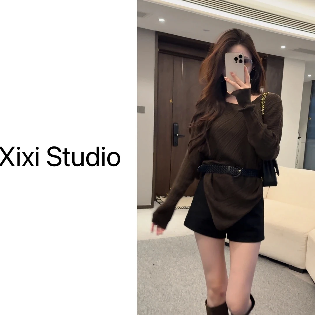 规则显瘦针织腰带长袖上衣颜色咖色