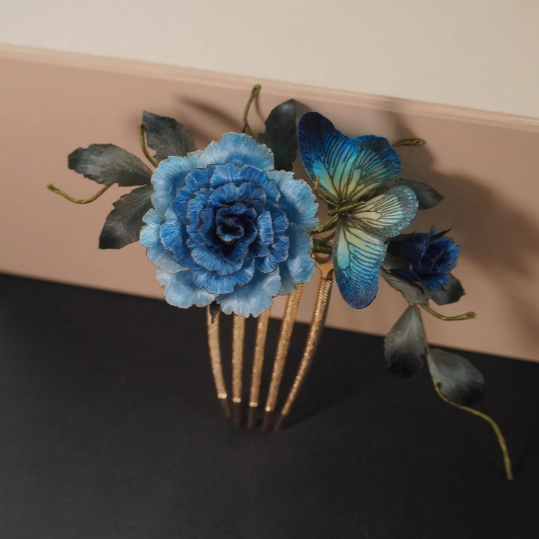 蓝国风玫瑰插梳非遗绒花优雅永不过时南京绒花日常旗袍配饰古风