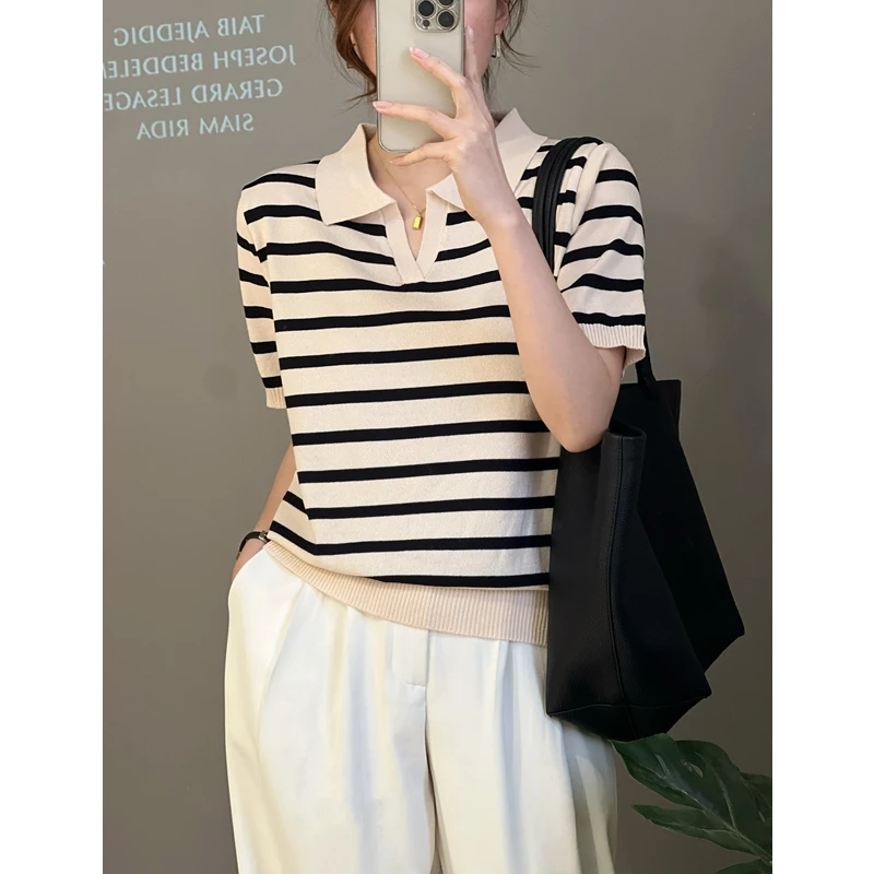 剪刀领POLO衫春夏季新款冰丝针织短袖T恤4261