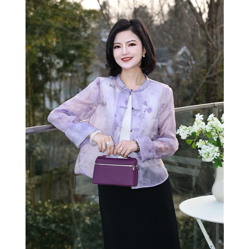 阿楠anan 淑韵芳菲 100桑蚕丝欧根纱新中式盘扣圆领气质女春新款