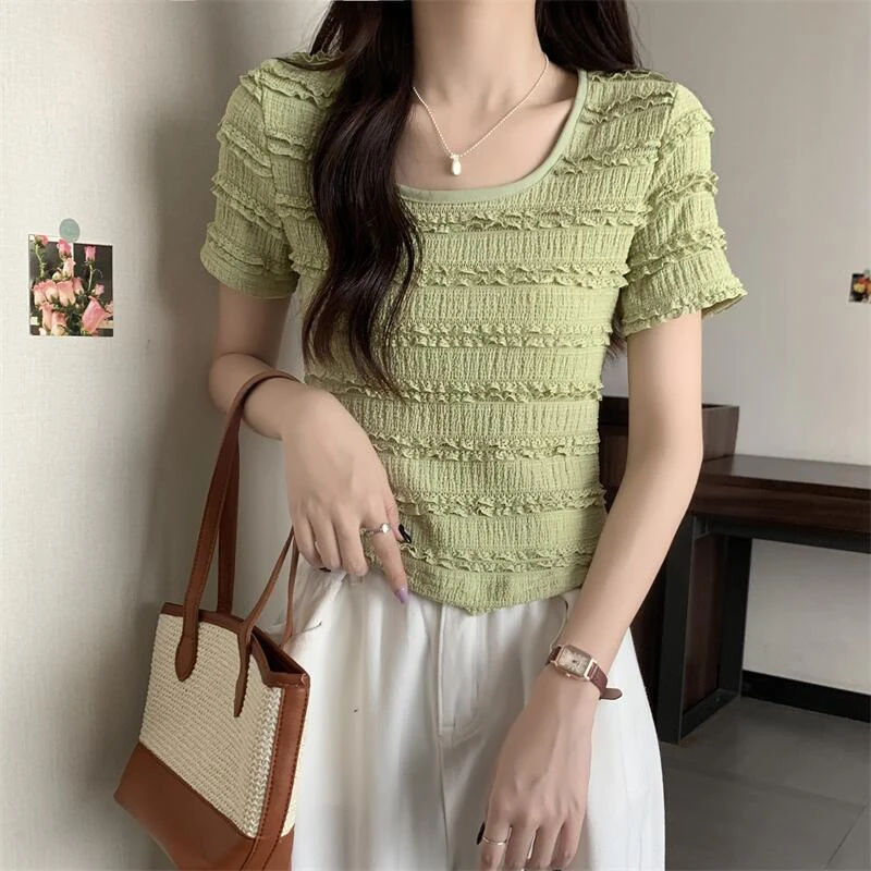 洋气百搭薄款方领T恤3D修身针织短款复古桃色修身短袖上衣显瘦潮