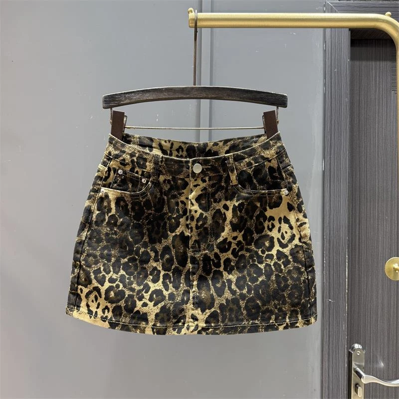 美式复古豹纹牛仔短裙女2025夏季新款高腰辣妹显瘦百搭a字半身裙