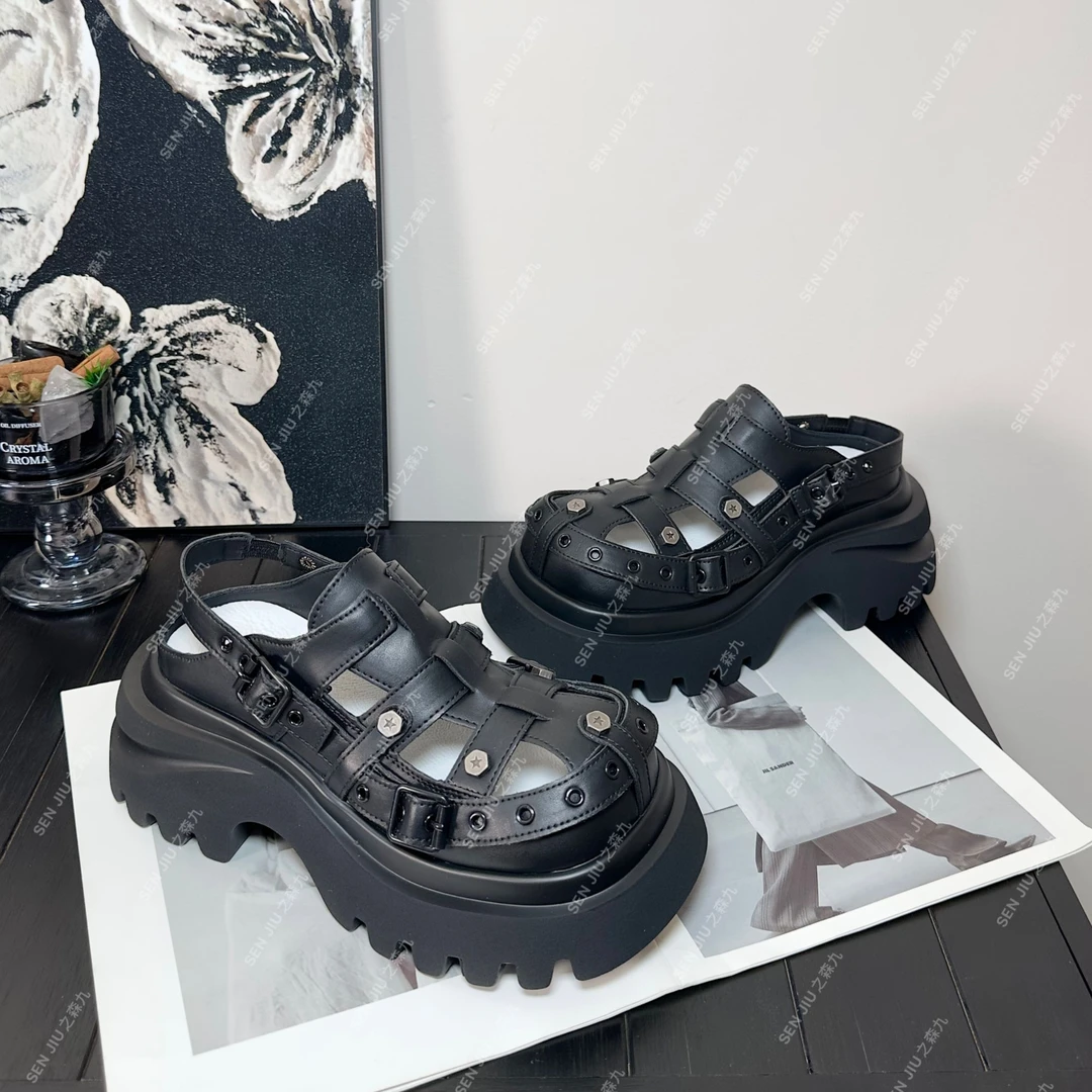 SEN JIU【之森九】两穿包头罗马凉鞋女新款镂空拖鞋外穿厚底猪笼鞋