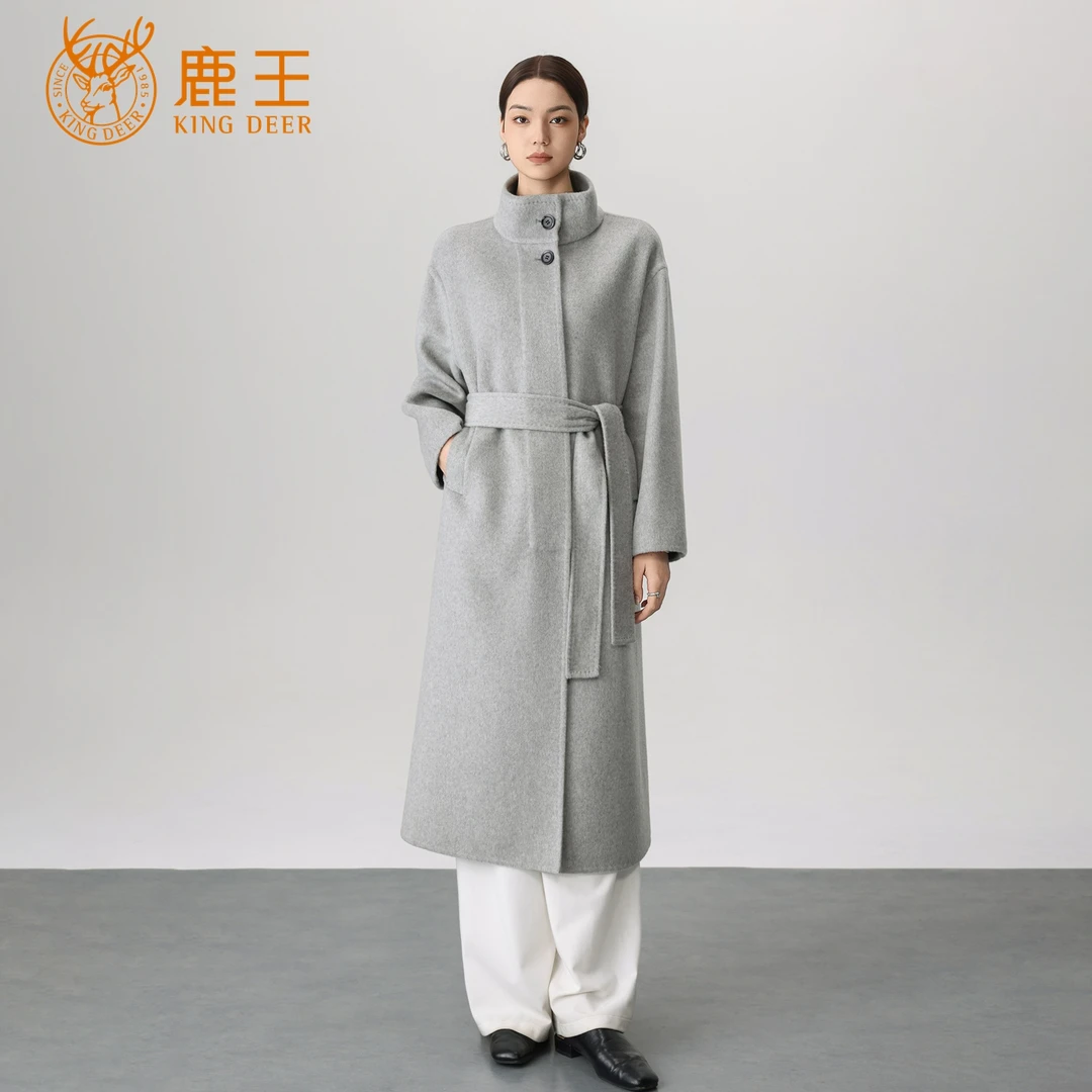 鹿王25秋冬新款女烟囱领100山羊绒系带长款双面呢大衣 厚 YFL7055