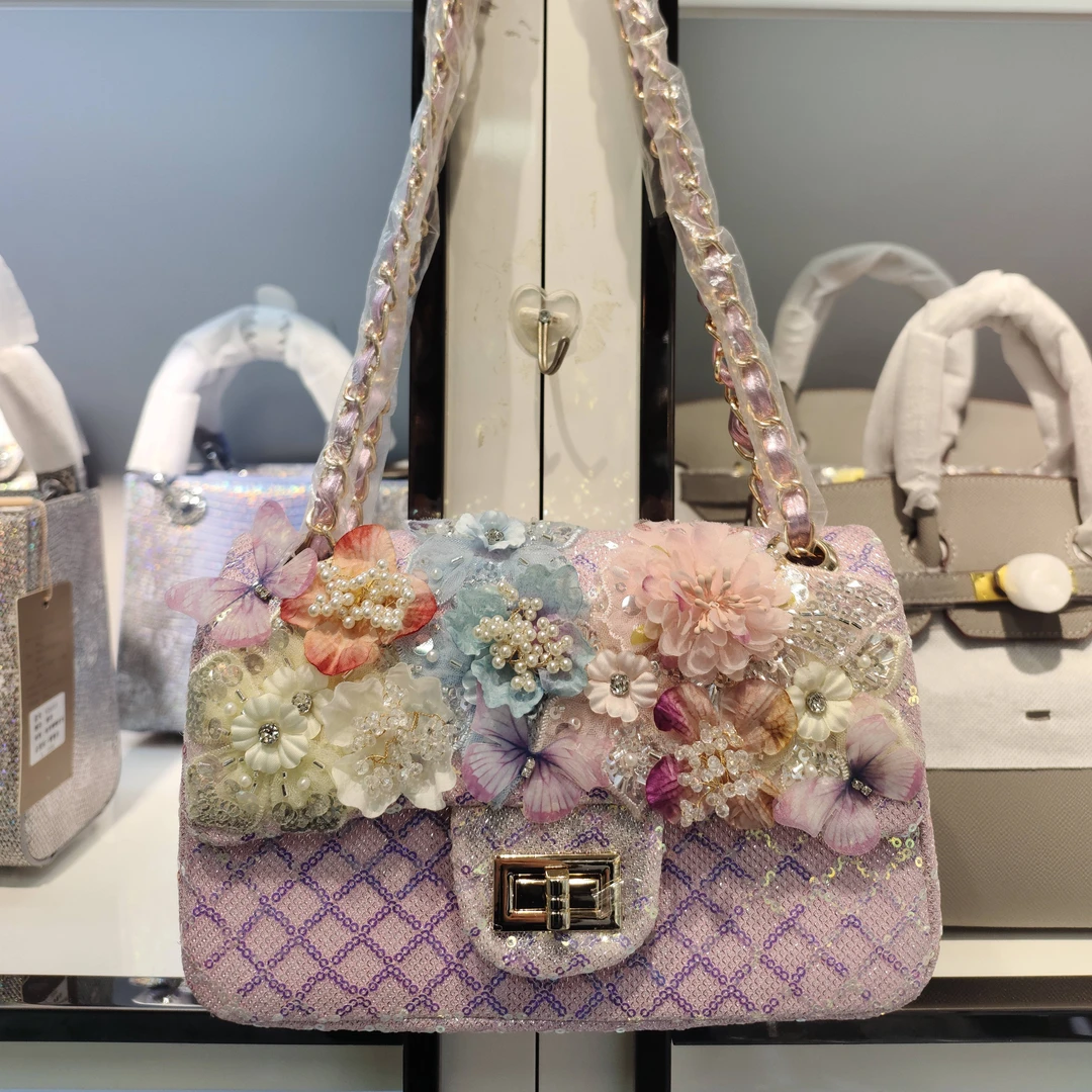 高定重工手提单肩中号斜挎女包紫色小包包链条包时尚包包小香风