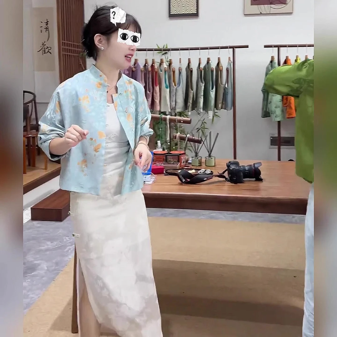新中式复古提花短款盘扣立领衬衫上衣褶皱百搭包臀半身裙两件套装