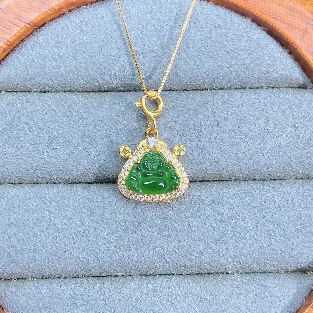 天然翡翠A货时尚设计款财爷爷吊坠通体S925银镶嵌