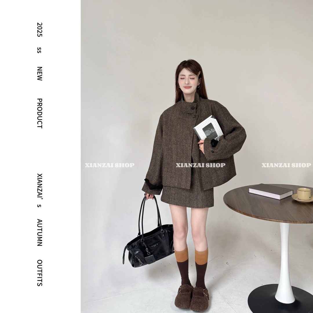 XIANZAI【摩登画报】秋冬新款韩系立领羊毛夹克外套短裙两件套装