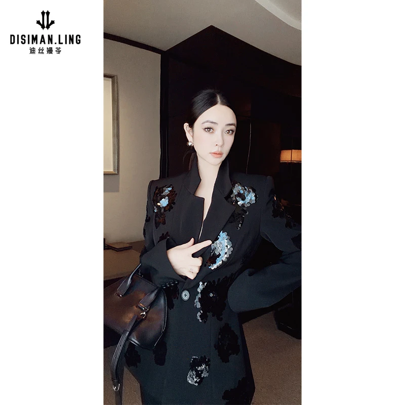 【迪丝嫚苓】黑色西服外套时尚气质修身重工原创设计轻奢百搭女外套